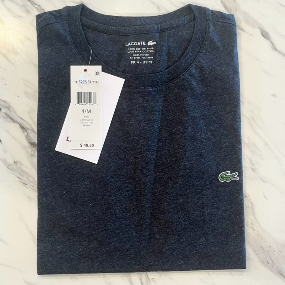 NWT Lacoste Men's Medium 4/M Crew Neck Pima Cotton T-Shirt Short Sleeve Blue